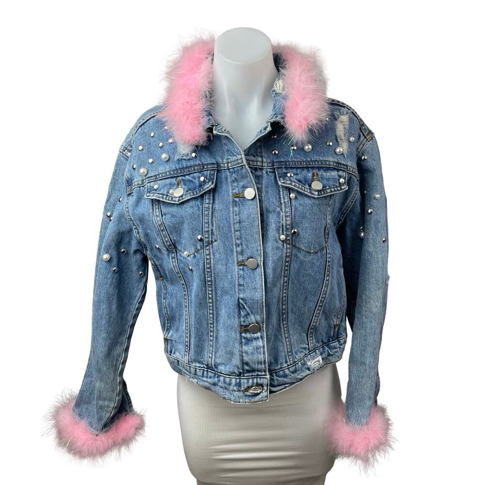 Tinseltown Pearl Stud Faux Fur Trim Rhinestone Fringe Ripped Denim Coat Jacket M